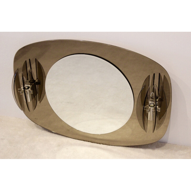 Vintage two-tone glass mirror with glass sconces for Veca, Italy 1970
