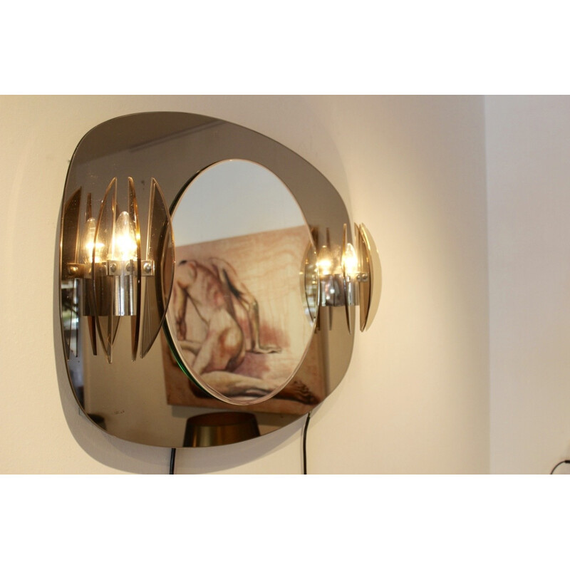 Vintage two-tone glass mirror with glass sconces for Veca, Italy 1970