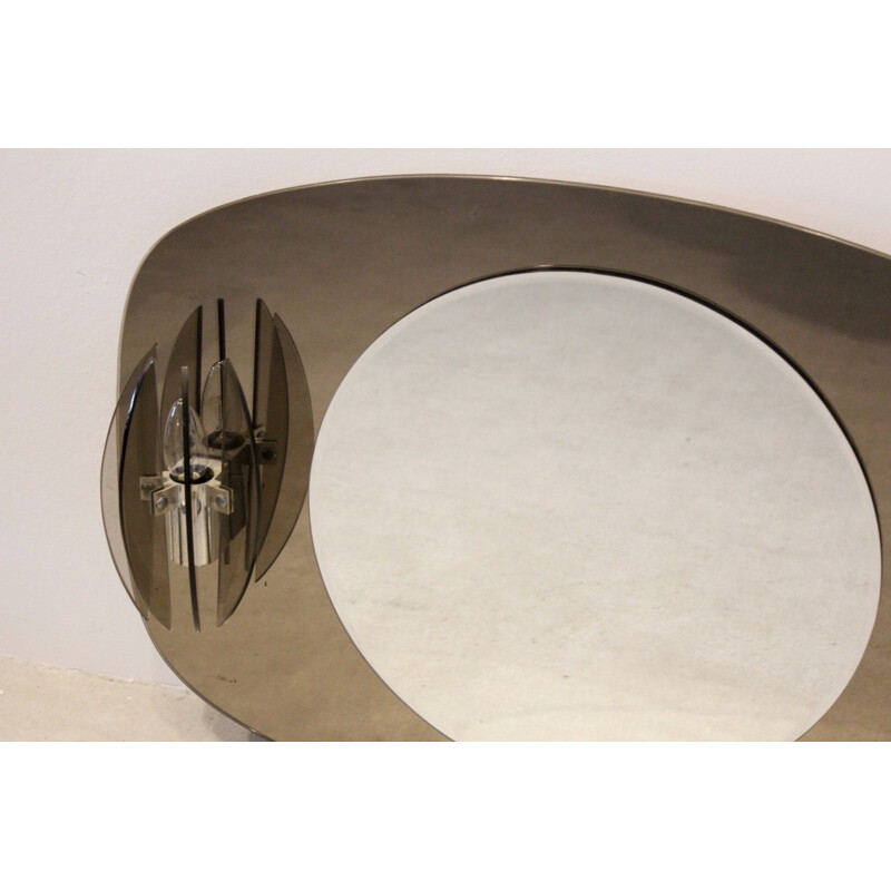 Vintage two-tone glass mirror with glass sconces for Veca, Italy 1970