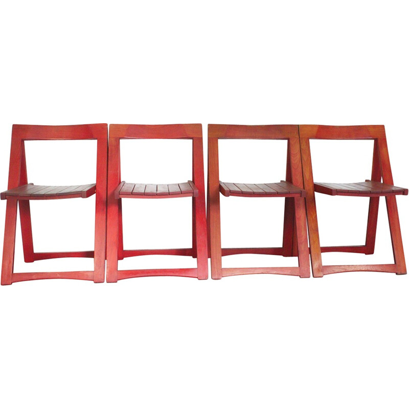 Set of 4 Beech red folding chairs by Aldo Jacober for Bazzani, Italy - 1960s