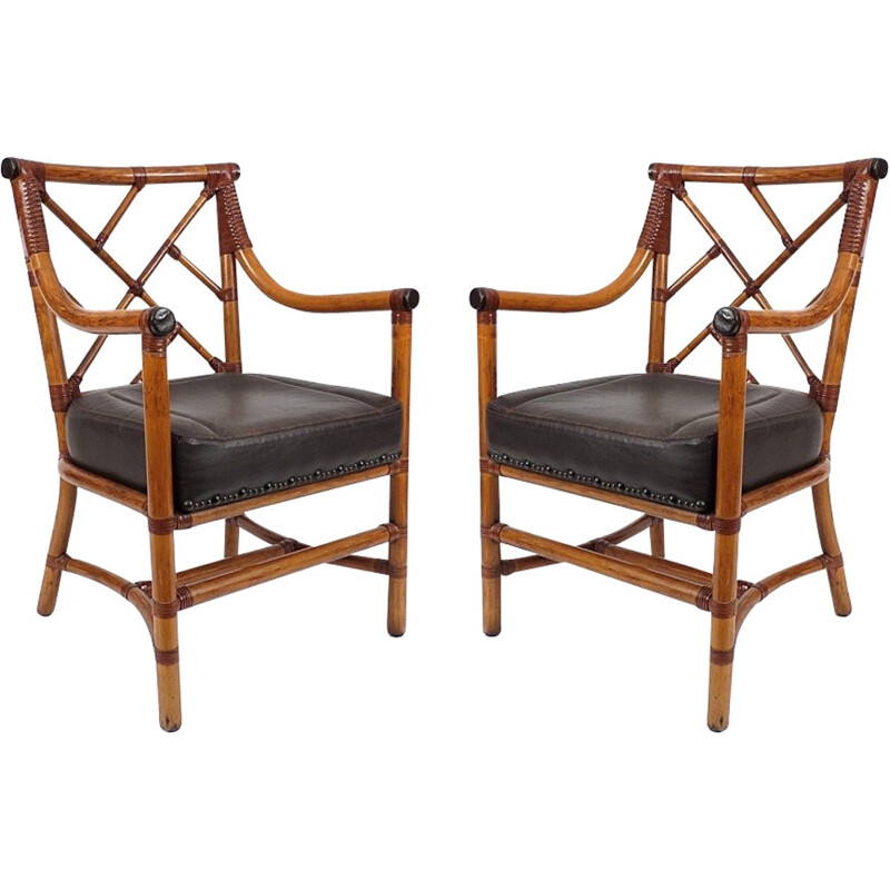 Set of 2 wood and leather armchairs - 1980s