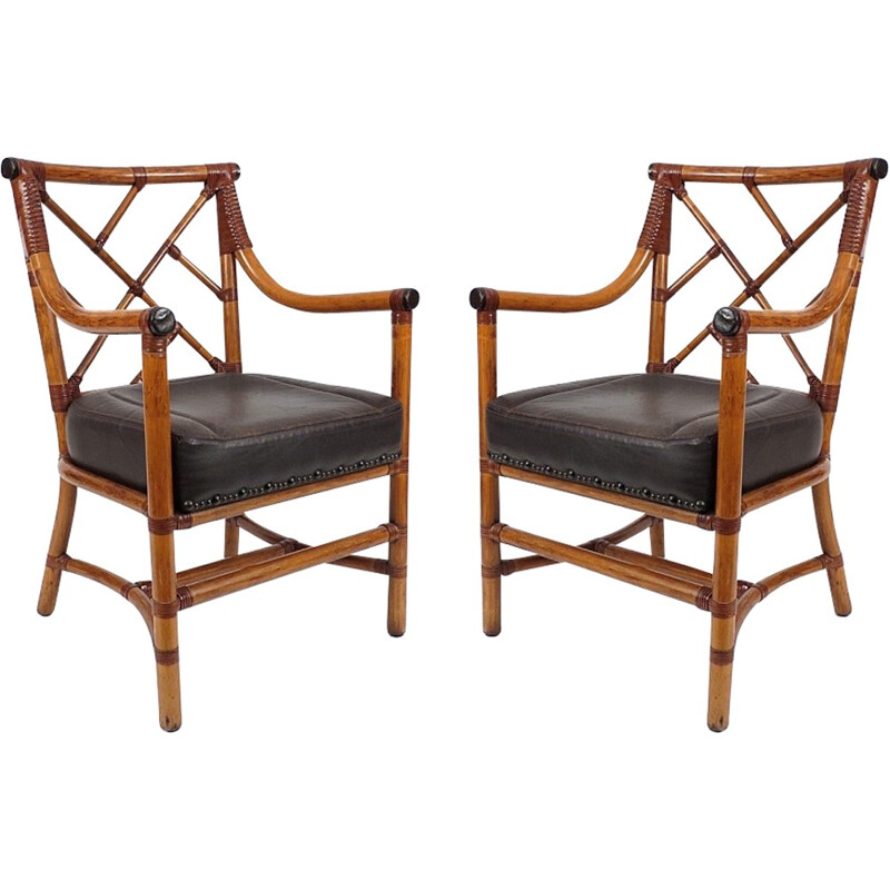 Suite de 2 fauteuils en bois et cuir - 1980