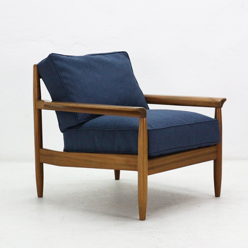 Vintage Easy Chair in walnut and blue fabric - 1960s