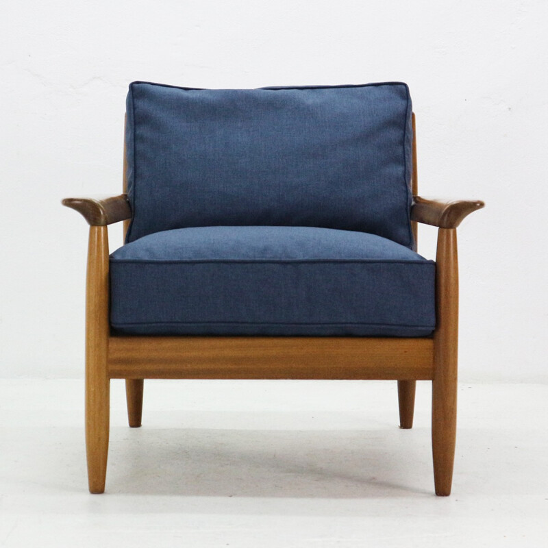 Vintage Easy Chair in walnut and blue fabric - 1960s