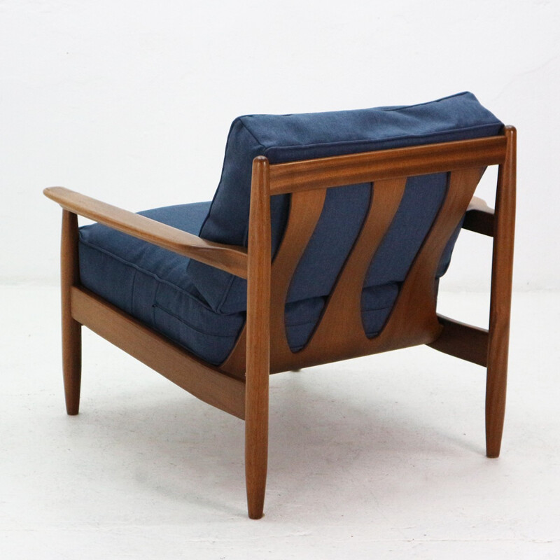 Vintage Easy Chair in walnut and blue fabric - 1960s