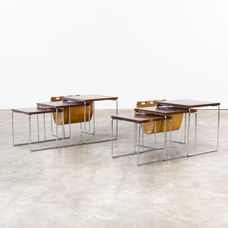 Pair of Rosewood Veneered Nesting tables with leather Magazine holder for Brabantia - 1960s