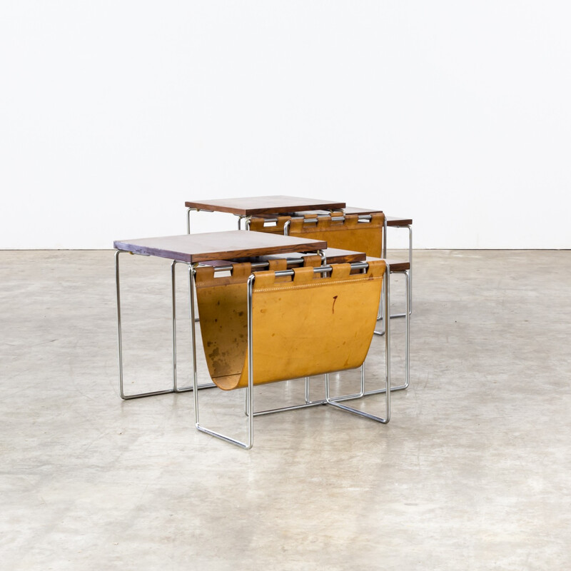 Pair of Rosewood Veneered Nesting tables with leather Magazine holder for Brabantia - 1960s