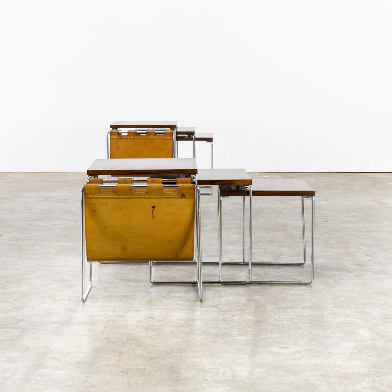 Pair of Rosewood Veneered Nesting tables with leather Magazine holder for Brabantia - 1960s