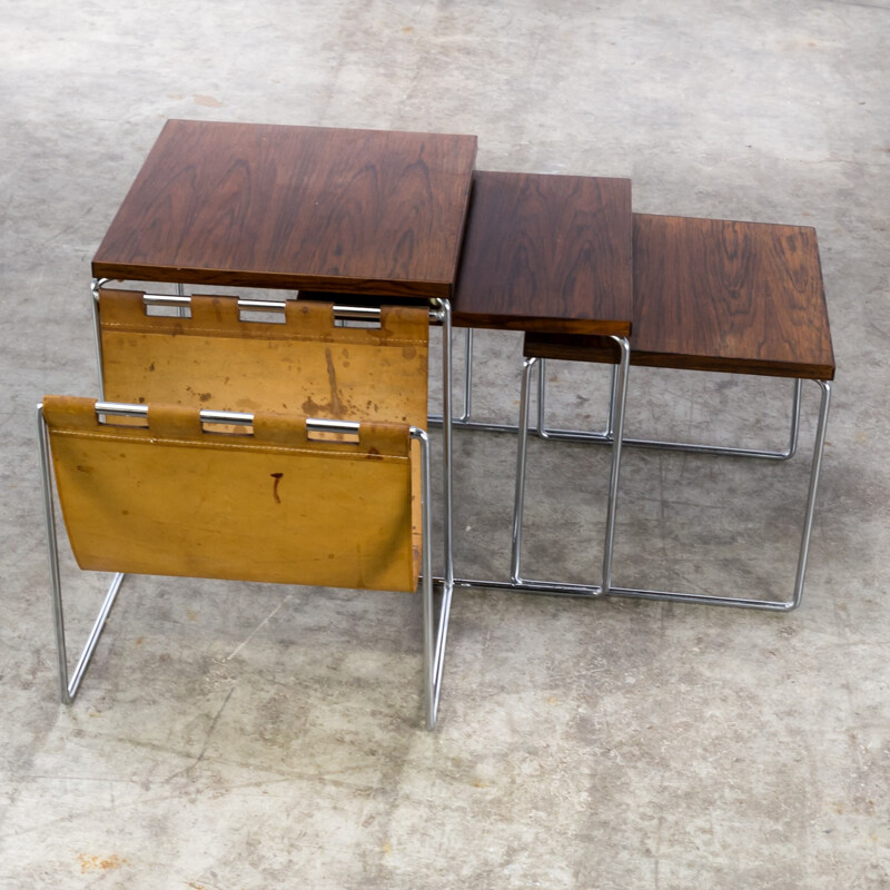 Lot de 2 tables gigognes en palissandre avec porte-revues en cuir pour Brabantia - 1960