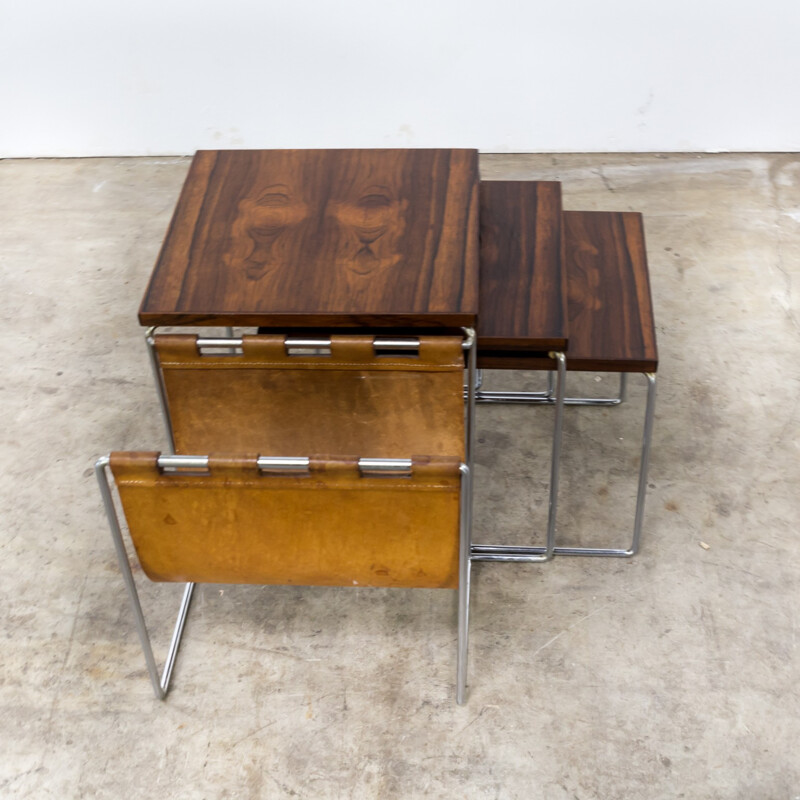 Pair of Rosewood Veneered Nesting tables with leather Magazine holder for Brabantia - 1960s