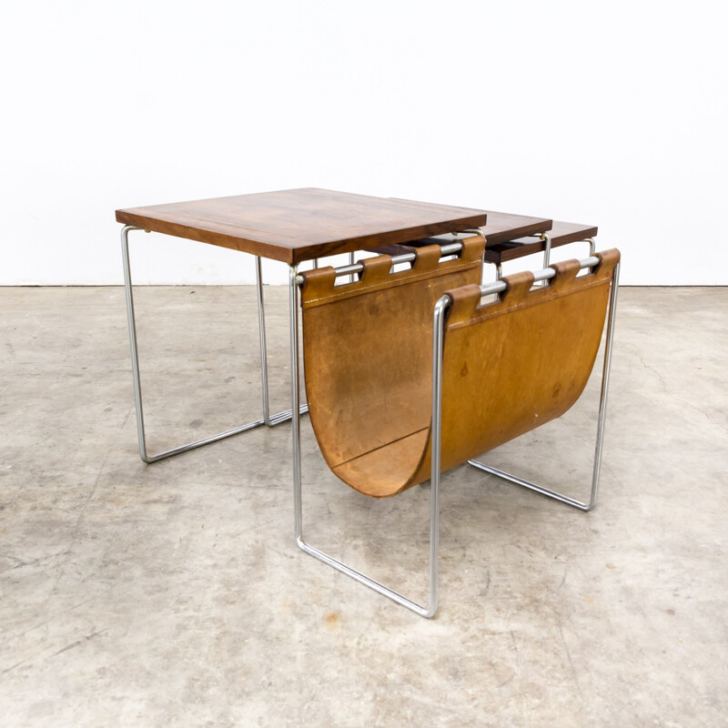 Pair of Rosewood Veneered Nesting tables with leather Magazine holder for Brabantia - 1960s