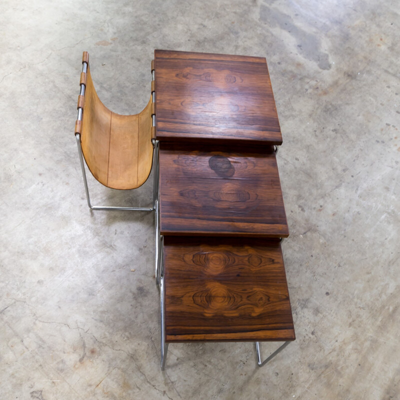 Lot de 2 tables gigognes en palissandre avec porte-revues en cuir pour Brabantia - 1960