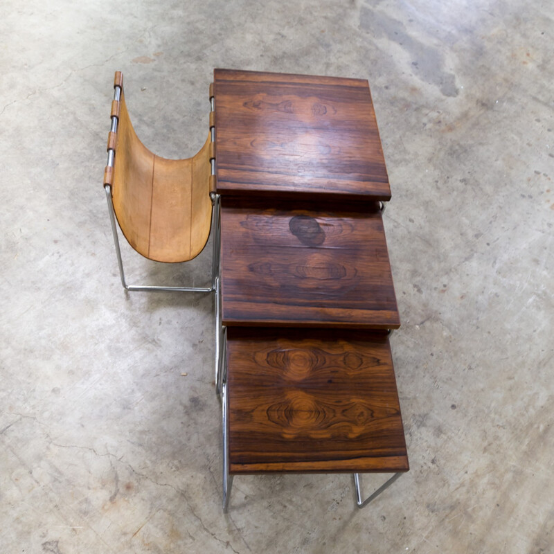 Pair of Rosewood Veneered Nesting tables with leather Magazine holder for Brabantia - 1960s