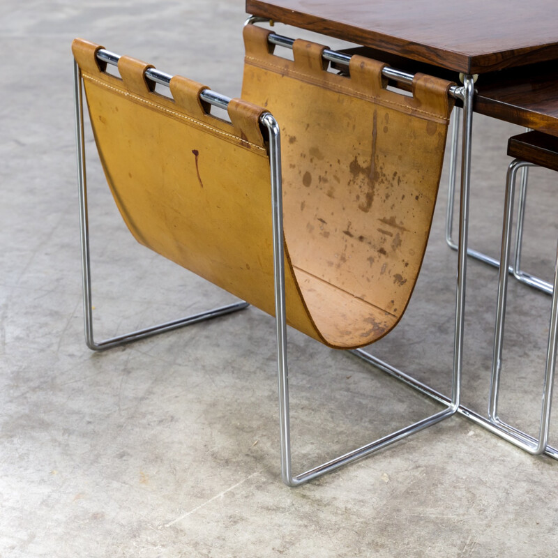 Pair of Rosewood Veneered Nesting tables with leather Magazine holder for Brabantia - 1960s