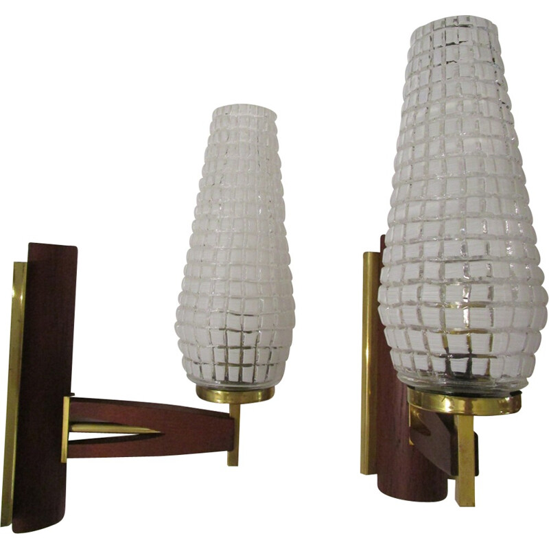 Pair of teak wall lamps in teak, gilded metal and glass - 1960s