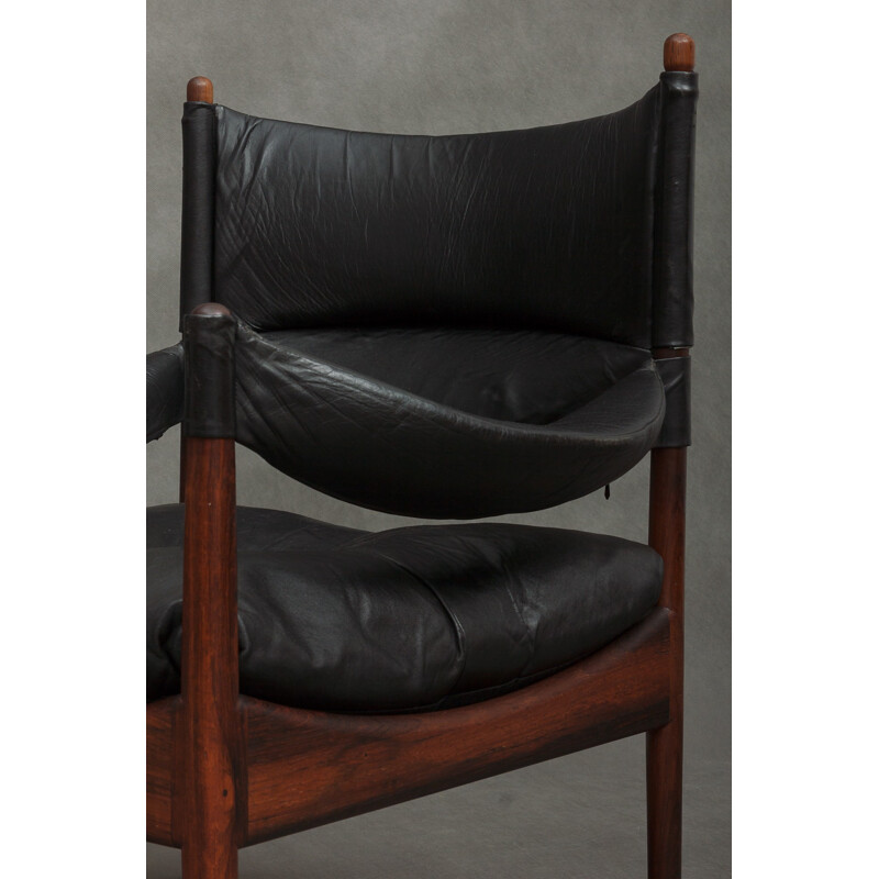 Armchair with its ottoman in rosewood and black leather by Kristian Vedel - 1960s