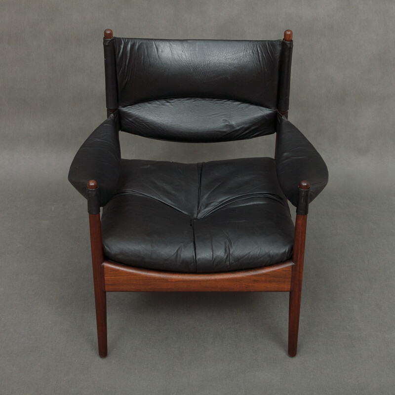 Armchair with its ottoman in rosewood and black leather by Kristian Vedel - 1960s