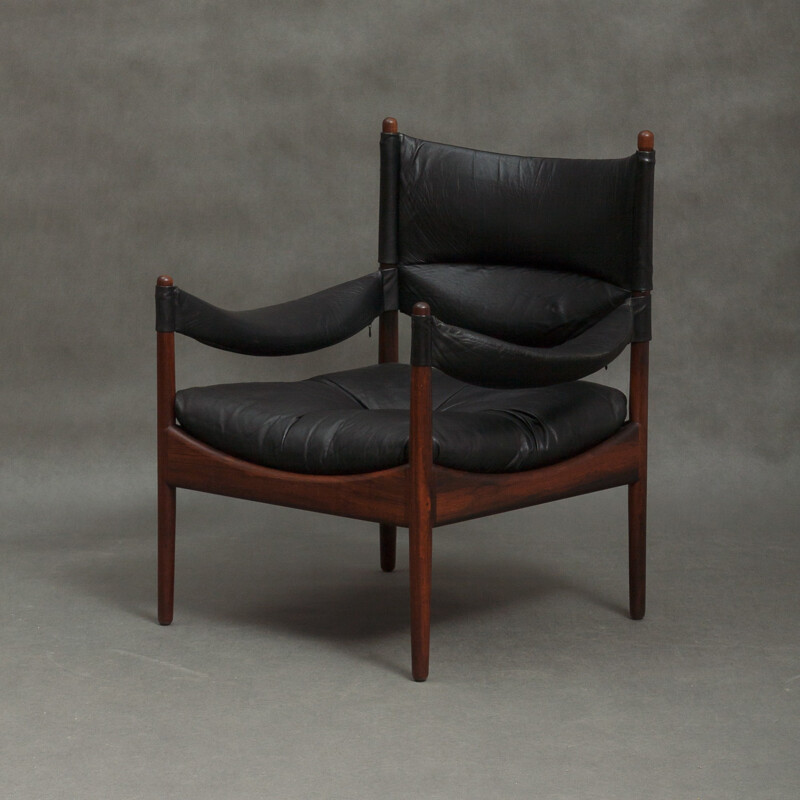 Fauteuil avec son ottoman en cuir noir et palissandre par Kristian Vedel - 1960