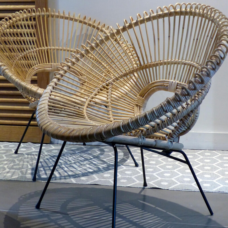 Fauteuil vintage soleil en rotin et en métal - 1950