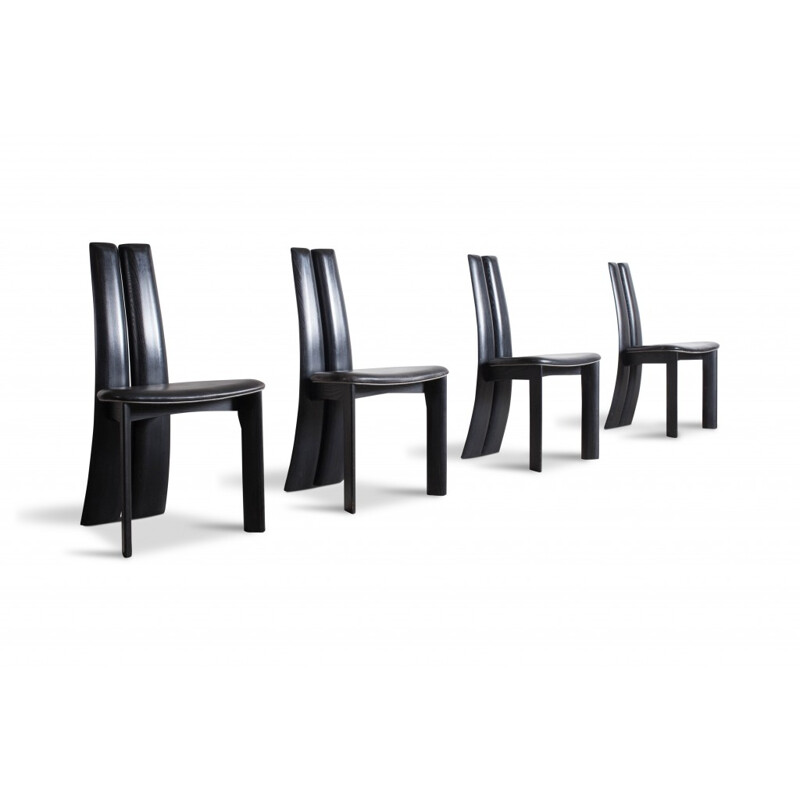 Set Of Eight Black Leather Dining Chairs by Van Den Berghe - Pauver - 1970s