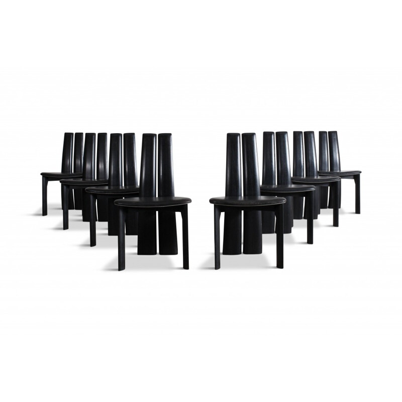 Suite de 8 chaises à repas en cuir noir par Van Den Berghe - Pauver - 1970