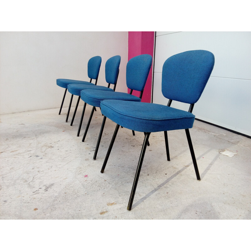 Lot de 4 chaises bleues vintages belges modernistes - 1950