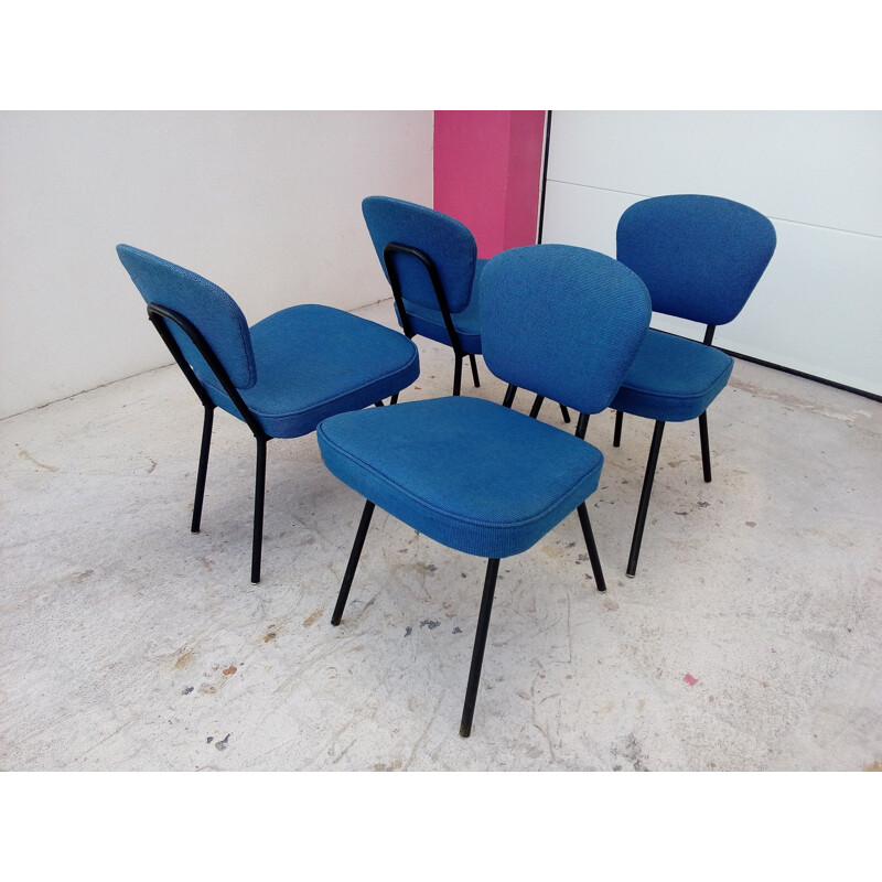 Lot de 4 chaises bleues vintages belges modernistes - 1950