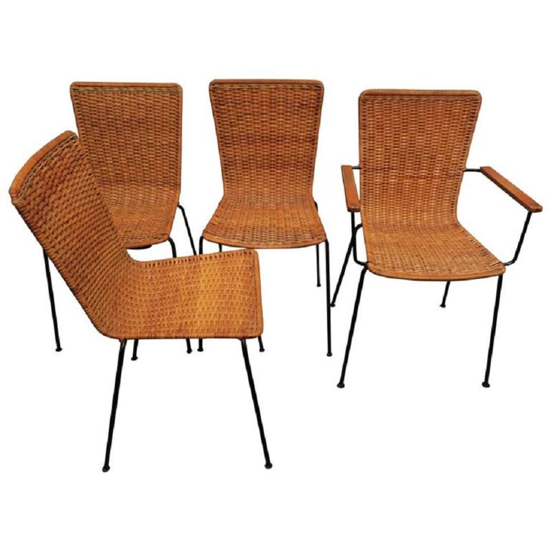 Set of Rattan and Iron Dining Chairs - 1960s