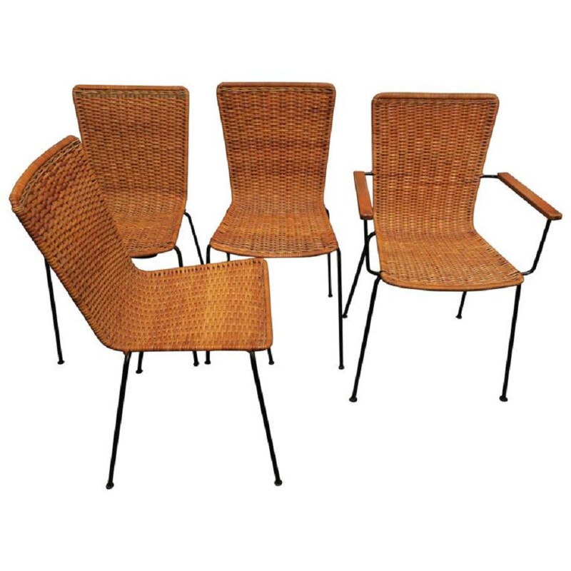 Set of Rattan and Iron Dining Chairs - 1960s