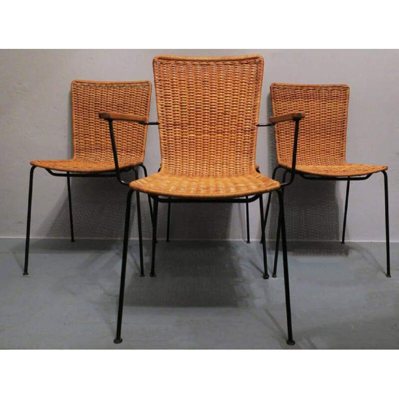 Set of Rattan and Iron Dining Chairs - 1960s