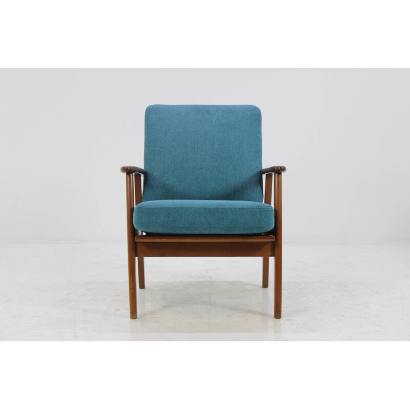 Fauteuil danois vintage en hêtre et bleu tissu - 1960