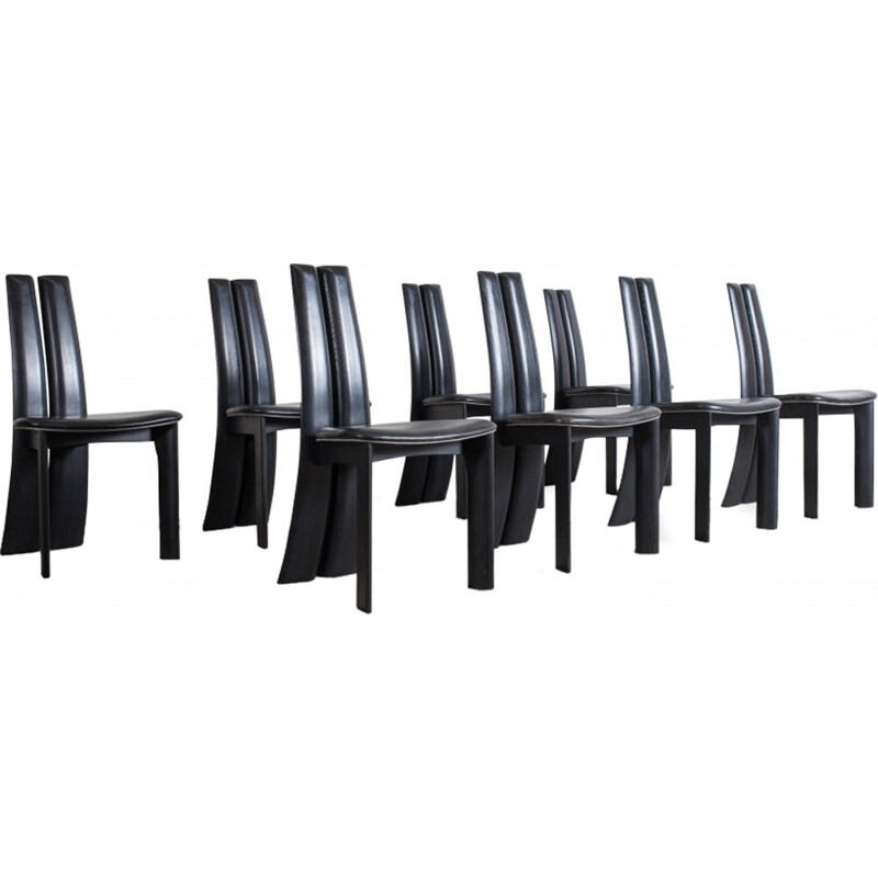 Set Of Eight Black Leather Dining Chairs by Van Den Berghe - Pauver - 1970s