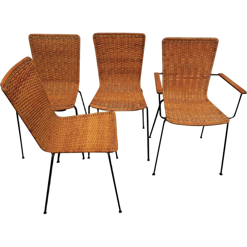 Set of Rattan and Iron Dining Chairs - 1960s