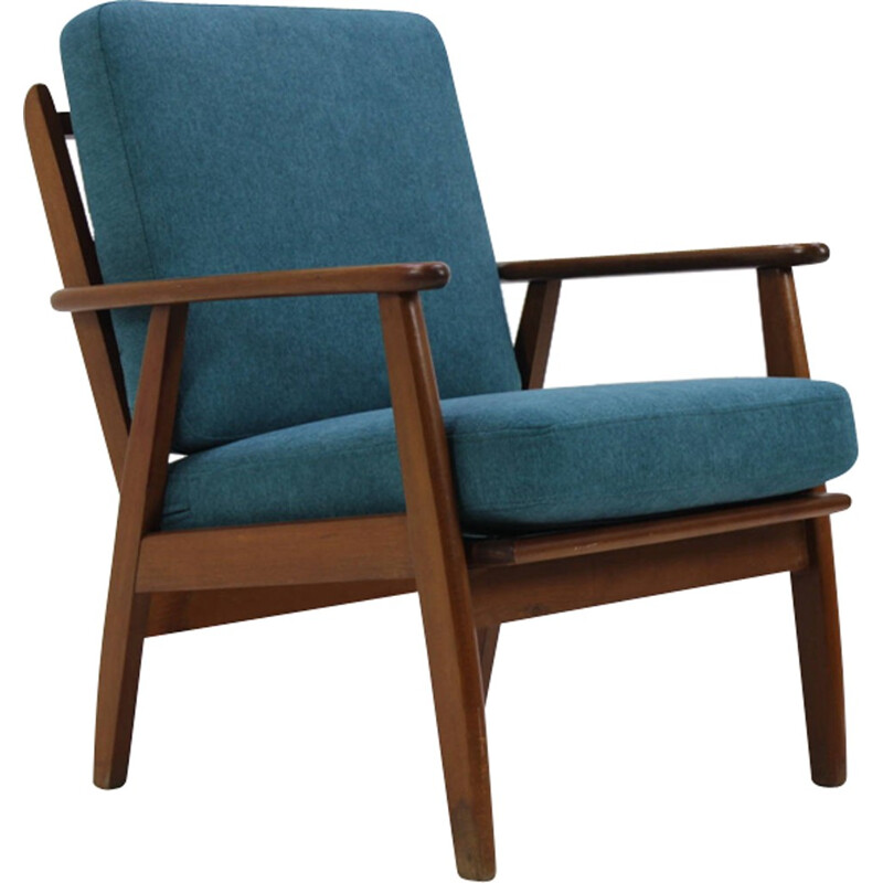 Fauteuil danois vintage en hêtre et bleu tissu - 1960