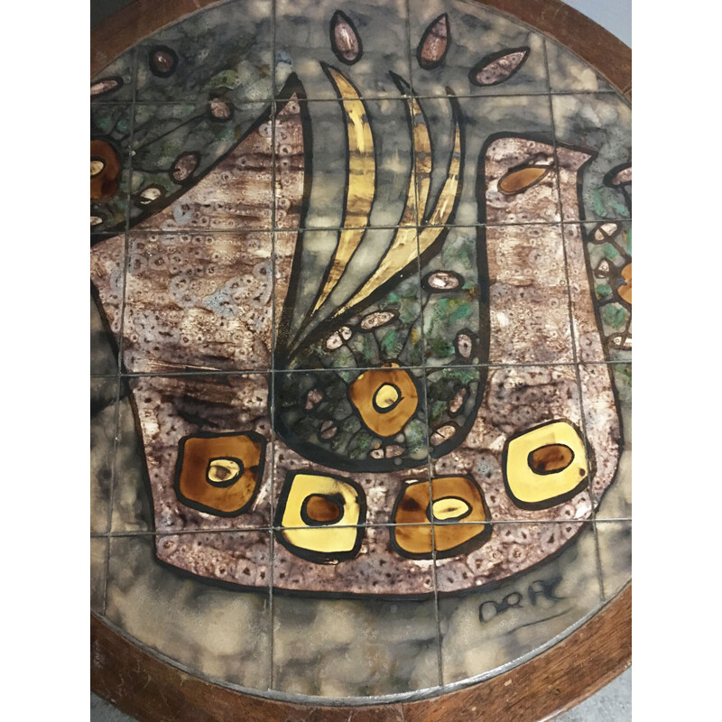 Walnut table and ceramic fresco by Orac - 1960s
