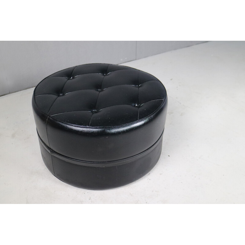 Vintage Black Vinyl Pouffe - 1970s