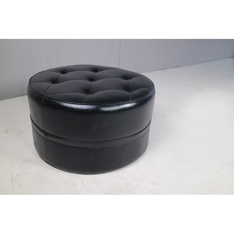 Vintage Black Vinyl Pouffe - 1970s