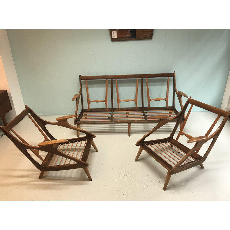 Vintage walnut sofa with 2 armchairs by Gelderland De Ster - 1960s