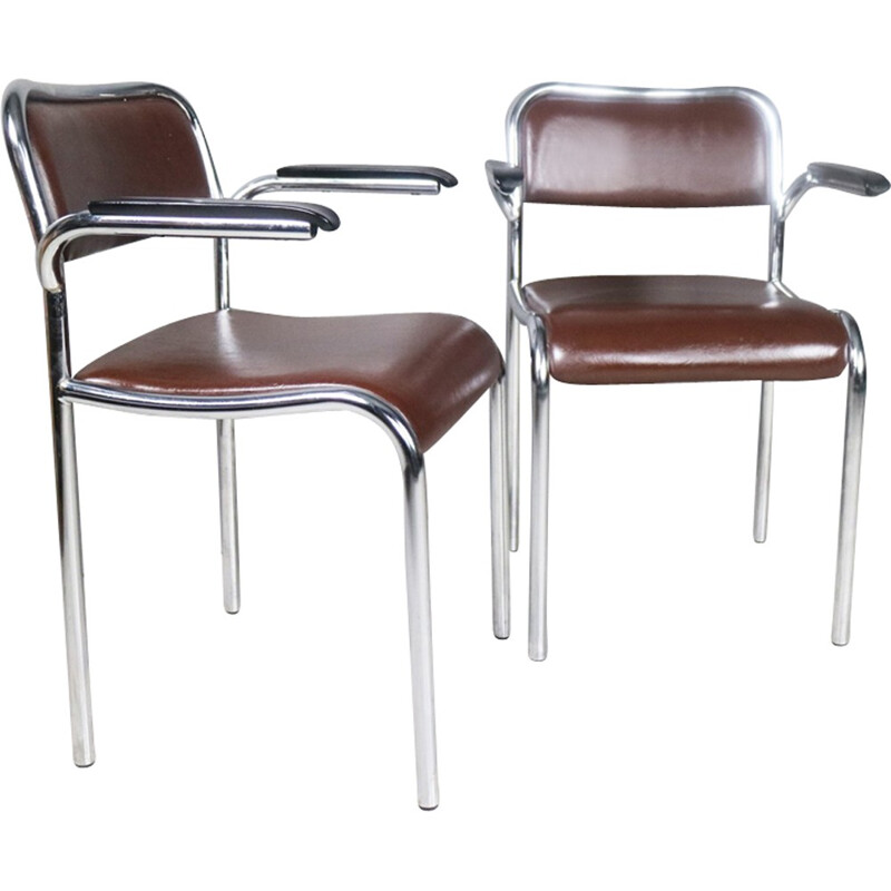 Suite de 6 chaises de bureau vintage en vinyle chromé - 1950