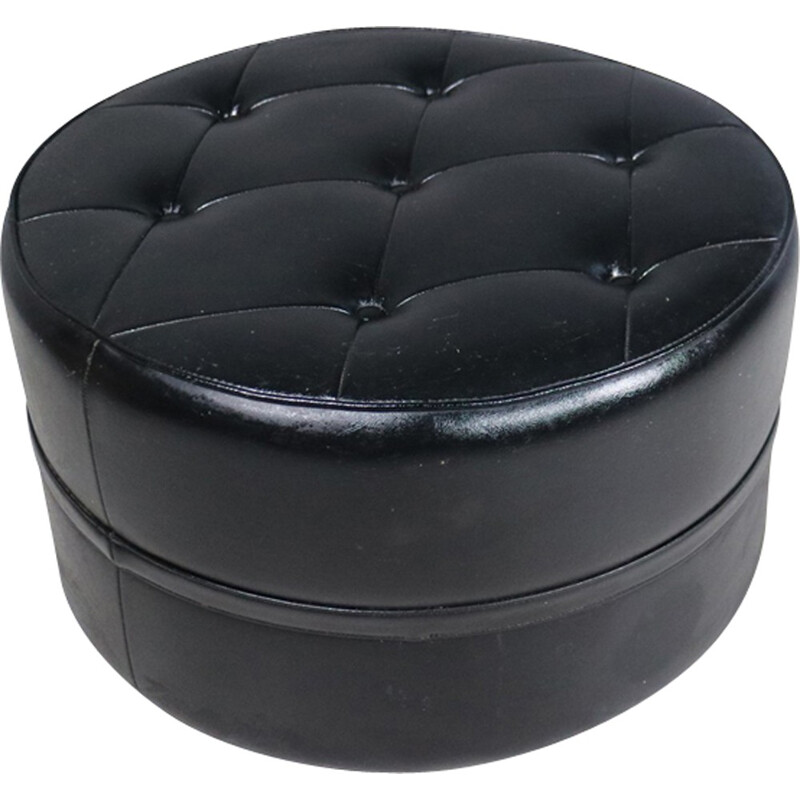 Vintage Black Vinyl Pouffe - 1970s