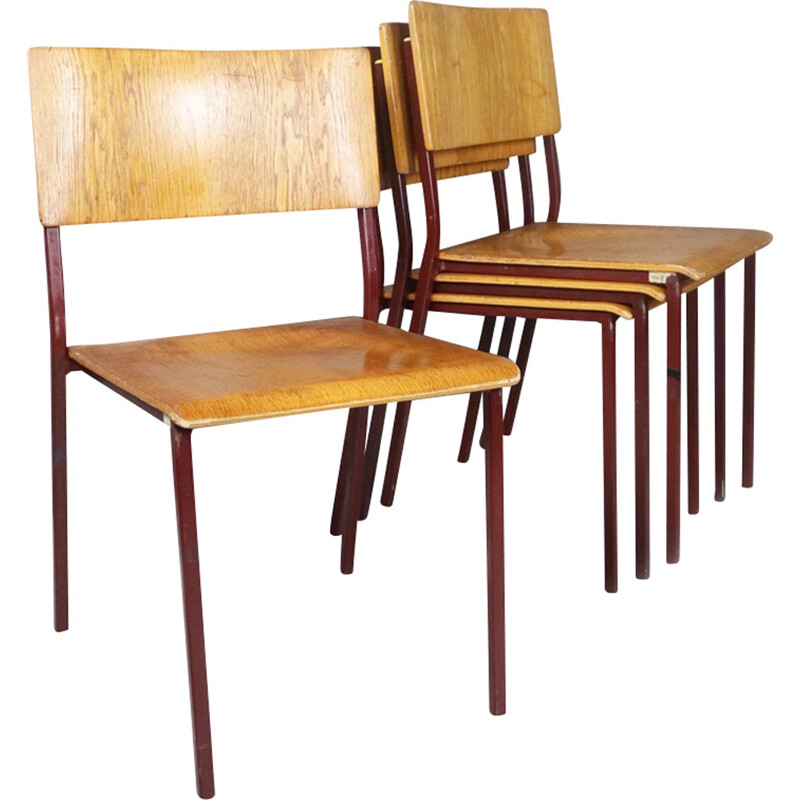 Set of 4 Plywood Stacking Chairs With Red Painted Frames - 1960s