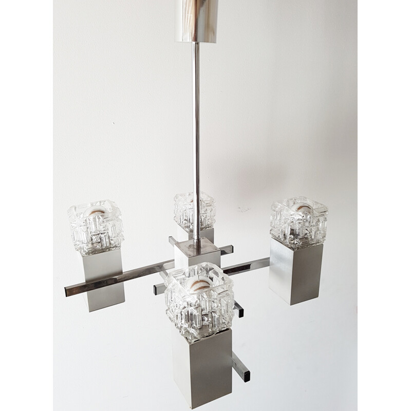 Ceiling lamp chandelier made of glass and steel - 1970s
