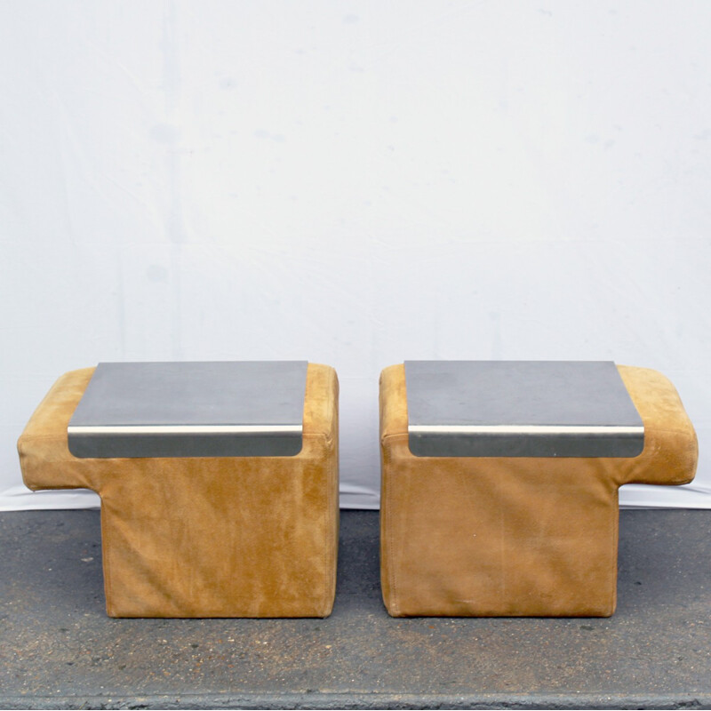 A pair of suede and stainless steel sofa ends - 1970s