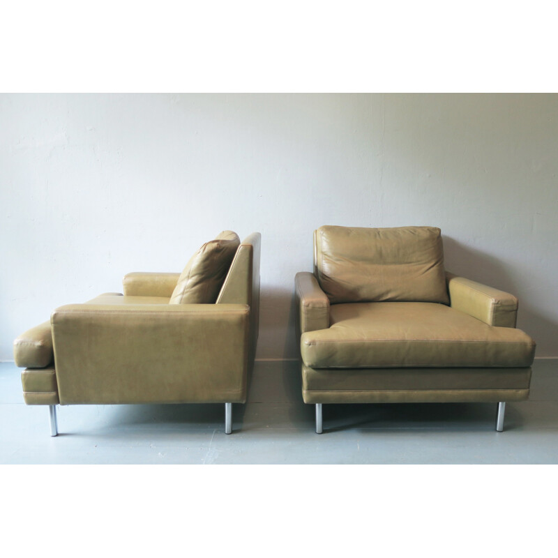Set of 2 Pistachio-Colored Scandinavian Leather Lounge Chairs - 1970s