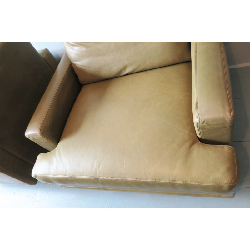 Set of 2 Pistachio-Colored Scandinavian Leather Lounge Chairs - 1970s