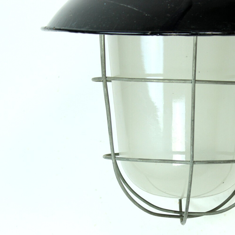 Vintage metal ceiling light in industrial black enamel finish, Czech Republic 1950