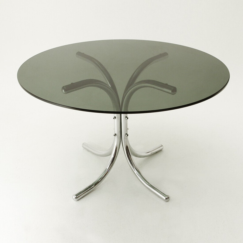 Table à repas italienne chromé avec dessus en verre rond - 1970