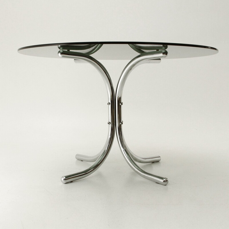 Table à repas italienne chromé avec dessus en verre rond - 1970