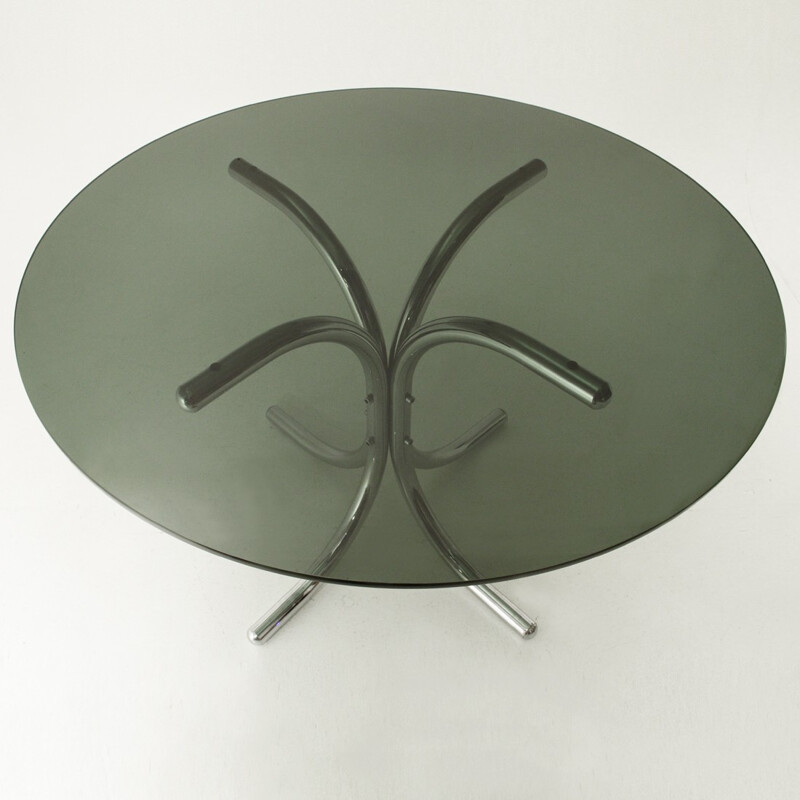 Table à repas italienne chromé avec dessus en verre rond - 1970