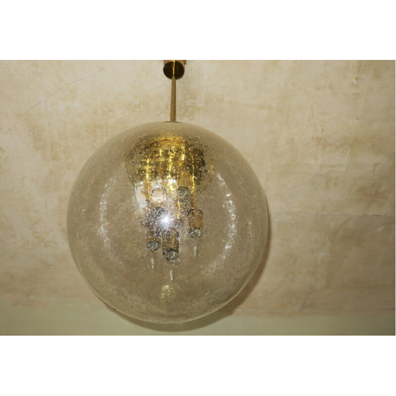 Large Frosted Glass and Brass Globe Pendant by Doria Leuchten - 1960s